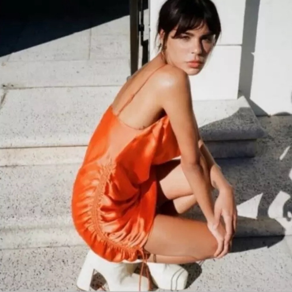 ZARA Satin Side Ruched Slip Dress Orange Sz S